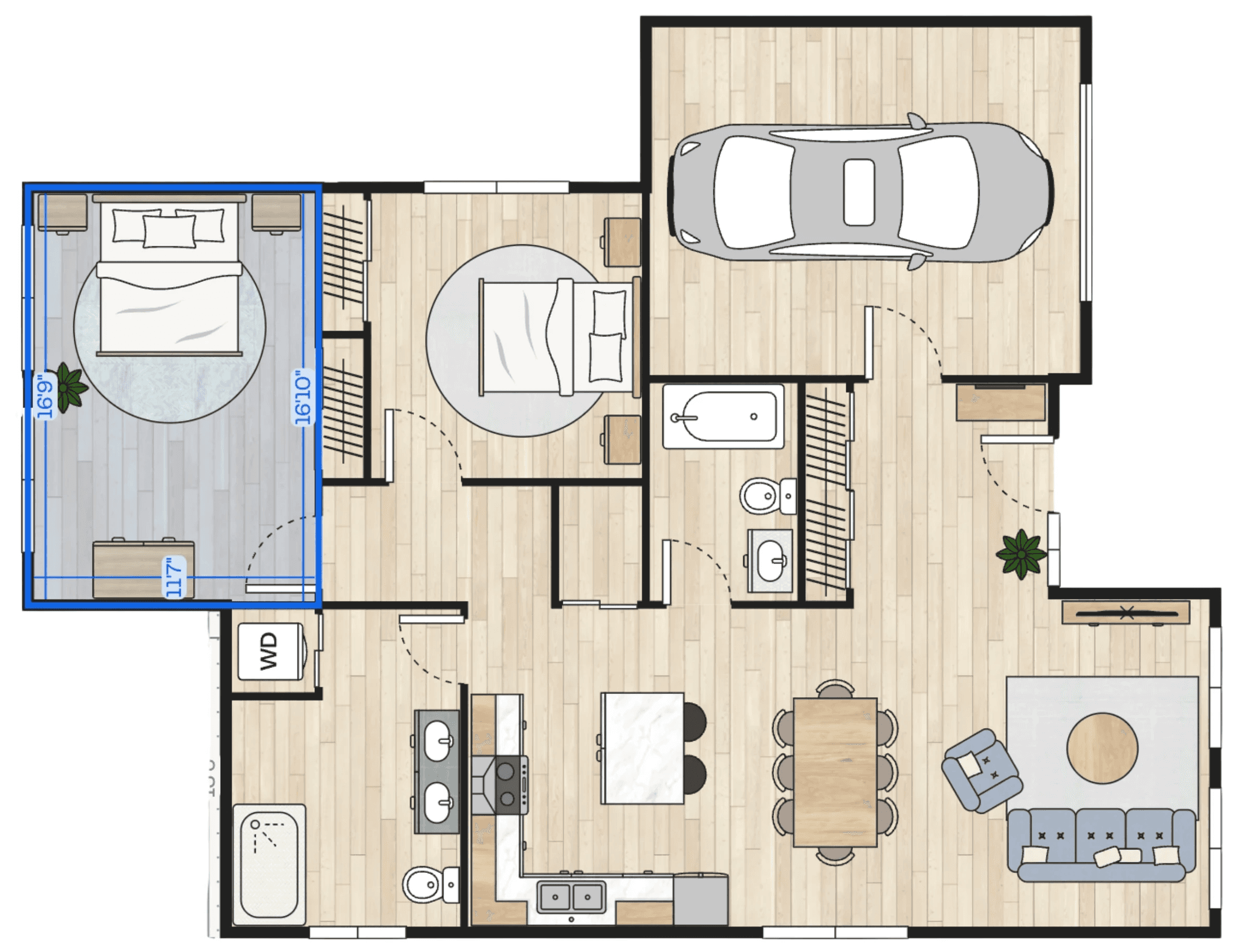 AI-generated floor plan with a bedroom highlighted