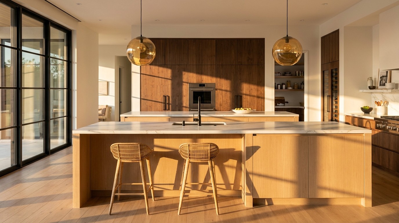 Open-plan kitchen with light oak island, white marble countertop, rattan stools and amber glass pendants in warm golden hour light.
