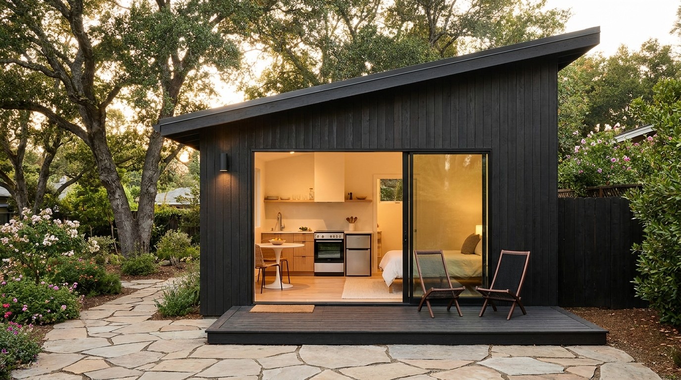 Detached backyard ADU with dark cedar cladding and sliding glass door revealing a furnished open-plan studio with kitchen and bedroom inside.