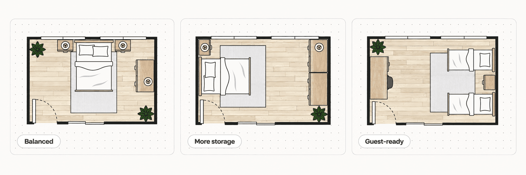 Three bedroom layout options with different furniture arrangements