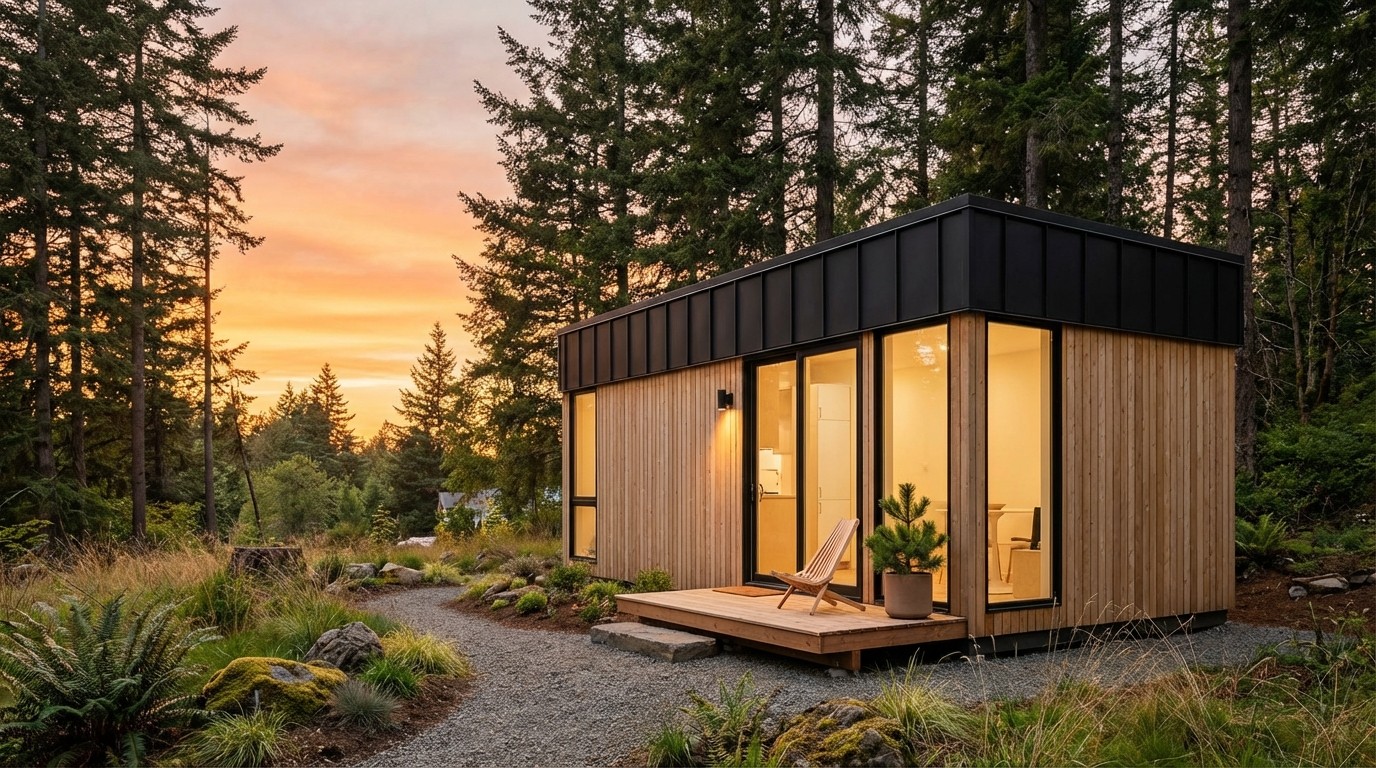 Modern tiny home with cedar cladding and black metal roof at sunset in Pacific Northwest forest